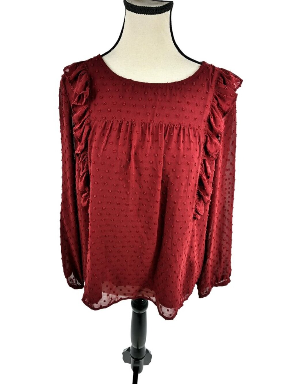 J. Crew Womens Size 12 Red Swiss Dot Ruffle Blouse Top Keyhole Long Sleeve